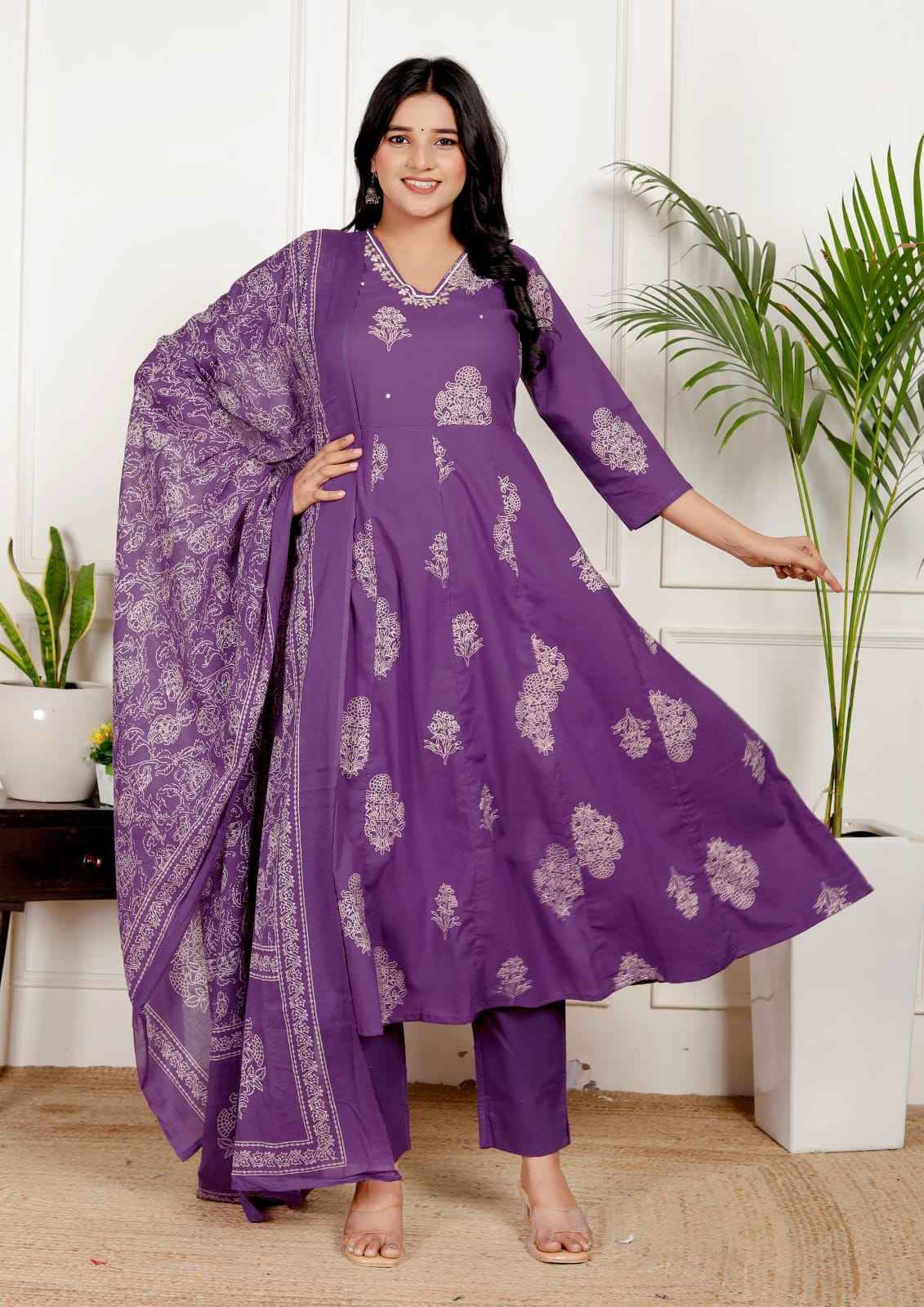 Elegant Purple Cotton Anarkali Gown with White Block Print”